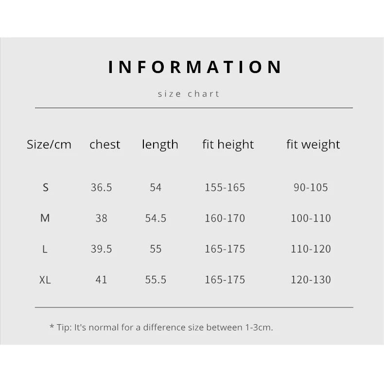 Size Chart for Sleeveless Sports Vest